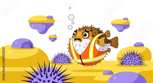 Cartoon pufferfish wearing a safety vest swimming in an underwater landscape with sea urchins and floating islands