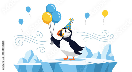 Cartoon Puffin Celebrating with Balloons on an Iceberg for festive occasions