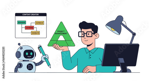 Content creator collaborating with a robot for project management and kanban system