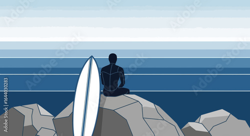 Contemplative Surfer At Seaside Resting On Rocks With Surfboard Silhouette Graphics