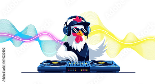 Cool Chicken DJ with Sunglasses and Headphones Mixing Music on Turntables Design