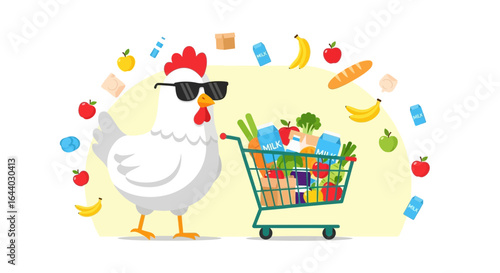 Cool chicken with shopping cart full of food items for healthy lifestyle concept