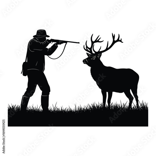 Silhouette of a hunter aiming a rifle at a stag in a grassy field