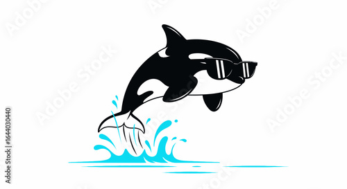 Cool Orca Cartoon Character Jumping Out of Water Wearing Sunglasses Illustration