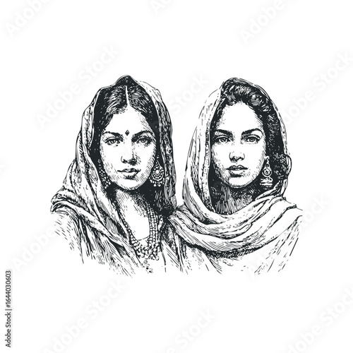 Two Indian Women Wearing Traditional Head Coverings and Jewelry