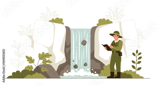 Cartoon ranger noting observations about beautiful waterfall with lush vegetation