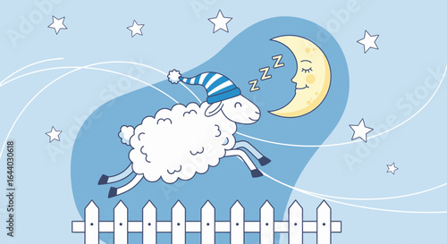 Counting sheep jumping over a fence under a crescent moon dreaming of sleep
