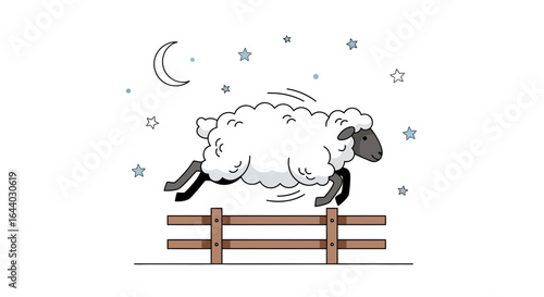 Counting sheep jumping over a fence at night for a restful sleep concept