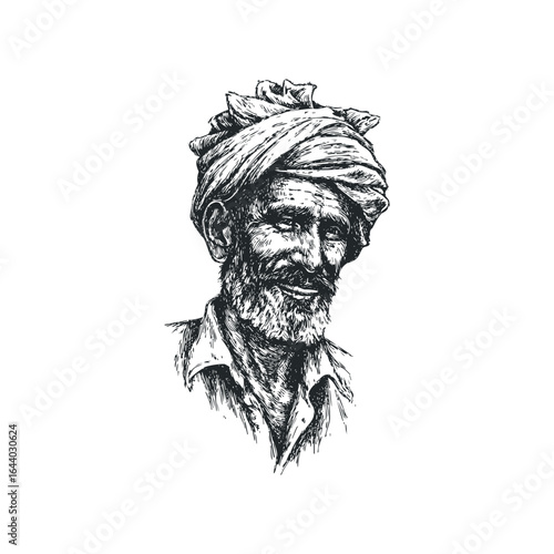 Sketch of an Indian man with a turban and beard smiling