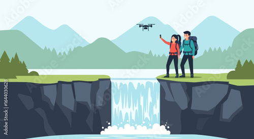 Couple capturing memories on a scenic mountain hiking trip with a drone overlooking a waterfall and picturesque landscapes
