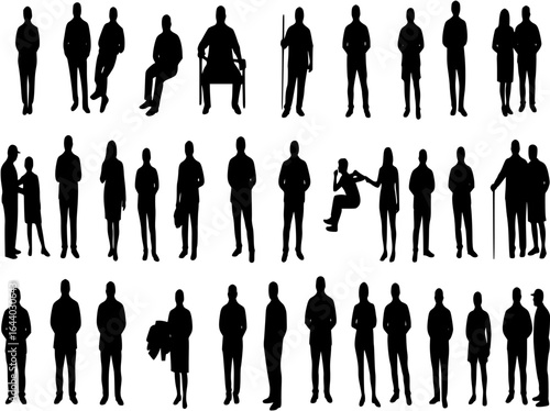 Vector silhouettes, Outline silhouettes of people, Contour drawing, people silhouette, Icon Set Isolated, Silhouette of sitting people, Architectural set