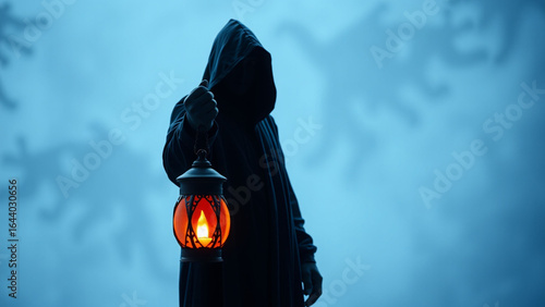 A cloaked figure holding a lantern in a foggy scene with trees visible in the background light