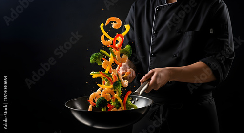 Professional chef tossing vegetables and shrimp in a wok on a black background