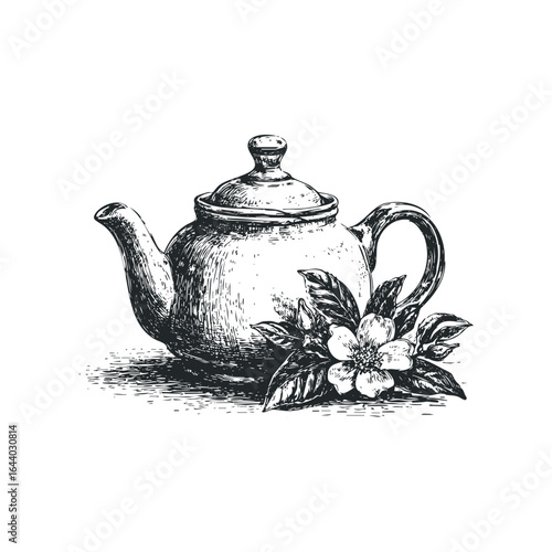 Vintage Teapot with Blooming Flower and Leaves Sketch