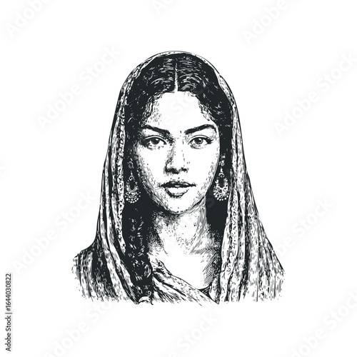 Intricate Sketch Portrait of an Indian Woman Wearing Traditional Headwear and Earrings