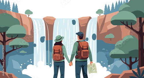 Couple exploring nature and hiking near a beautiful waterfall together, holding hands and enjoying the scenic view and fresh air