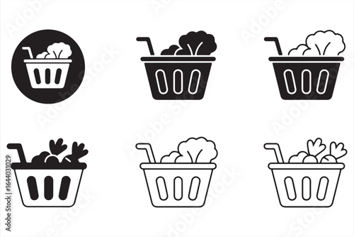 Collection of Black and White Icons for Vegetable Basket and Fresh Produce