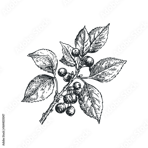 Detailed Ink Drawing of a Berry Branch with Leaves on White