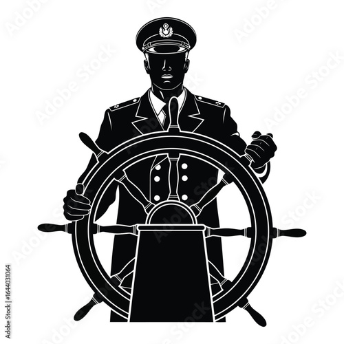 Captain at the helm of a ship steering wheel