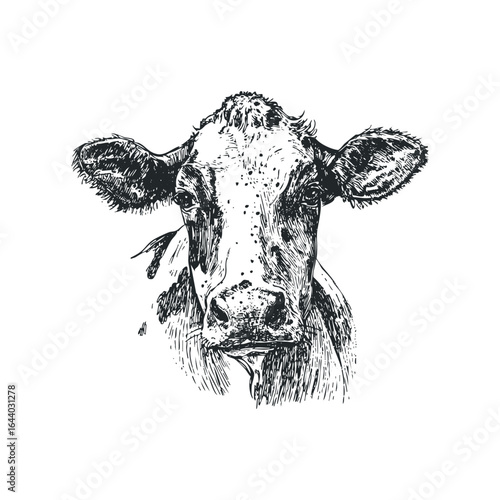 Pen and Ink Drawing of a Spotted Cow Face with Drool
