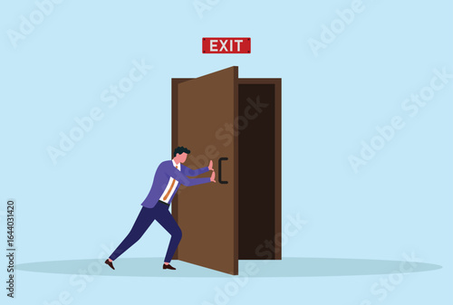 Vector illustration of a businessman pushing a door closed, symbolizing closing opportunities, making firm decisions, or ending a phase in business or personal life
