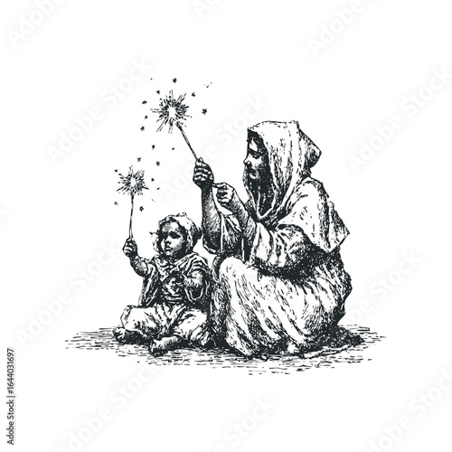 Woman in hooded cloak holding sparklers with child