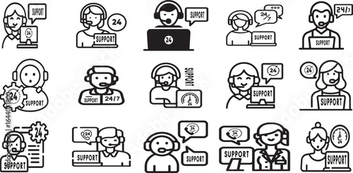 Customer support agents with headsets and computers offering assistance service help icons