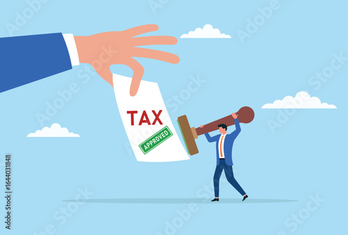 Vector illustration of a businessman stamping a tax document with an ‘approved’ seal, symbolizing tax approval, official authorization, and successful financial compliance
