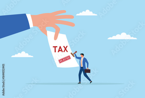 Vector illustration of a businessman stamping a tax document with ‘Rejected,’ symbolizing official refusal, financial disapproval, and unsuccessful tax form processing
