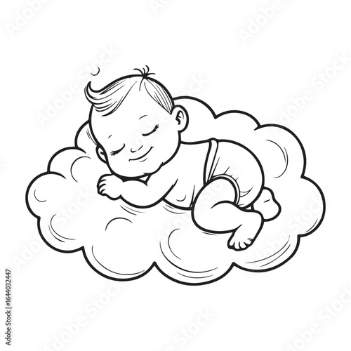 Vector art of a cute baby sleeping peacefully on a fluffy cloud, representing innocence, dreams, and serenity in a gentle, calm, and sweet manner, isolated on white background