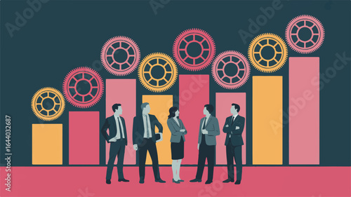 Business growth and teamwork illustration showing rising bar chart and gear wheels with people discussing strategy and achievements