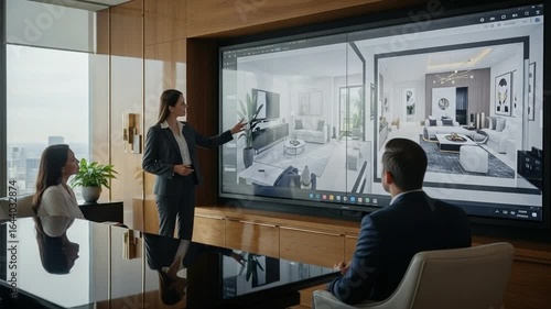 Businesswoman Presenting Home Interior Design Concept to Clients in Modern Office