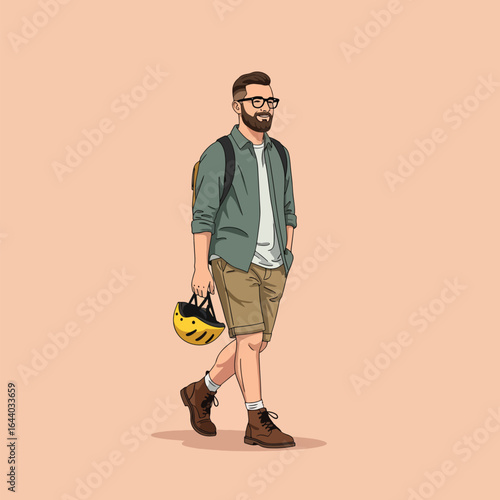 Man cartoon illustration of a bearded hipster walking with a bicycle helmet and backpack. Stylish young adult male character design for urban commuting and modern lifestyle concepts. Vector graphic.