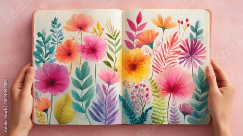 Hand-painted floral art - A vibrant illustration of blooming flowers in a sketchbook. in a detailed sketchbook composition, vibrant colors, fine brush strokes, artisanal craftsmanship, decorative bota