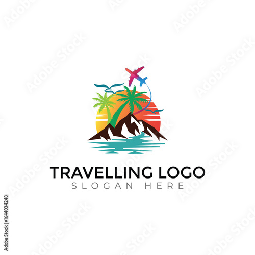 Free Download Tropical Adventure Travel Logo with Airplane, Mountains, and Sunset - GFXLoad
