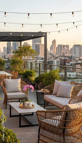 Ratanmöbel auf einer modernen Dachterasse