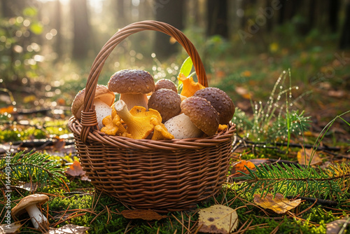 basket with mushrooms in autumn forest