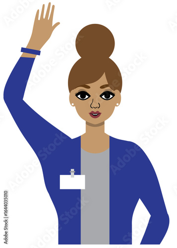 young woman wearing a business jacket and name tag raises her hand