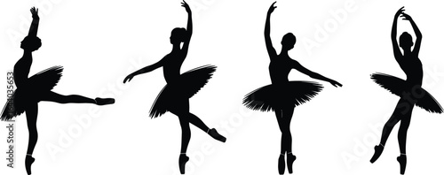 Ballet dancer silhouette, ballerina performing dance, graceful ballet pose vector, classical dance art, elegant tutu costume, black and white illustration design