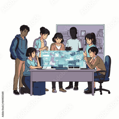 Young, diverse students collaborate intently around a modern holographic table, exploring digital data and innovative concepts within a vibrant educational setting.