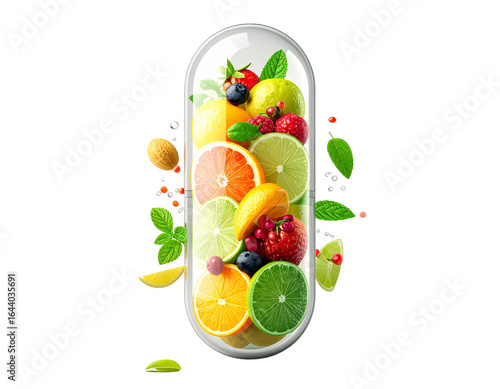 Transparent Medical Pill with Citrus Fruits Inside, Healthy Food or Diet Concept, AI Generative, Transparent PNG Background.