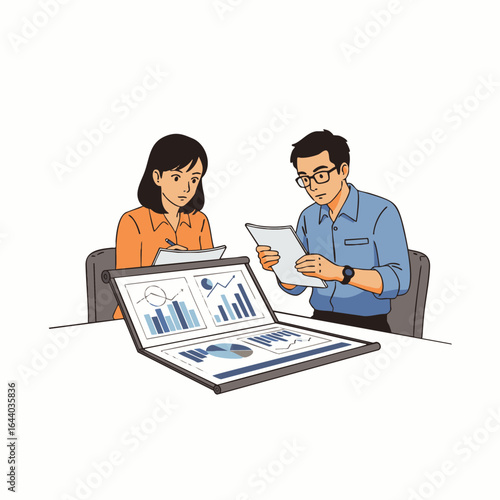 Two business professionals, a man and a woman, diligently analyze financial data and insightful charts on a large screen during a meeting.