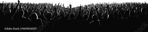 Concert crowd silhouette, cheering audience vector, live music event illustration, festival celebration scene, raised hands, black and white graphic art design