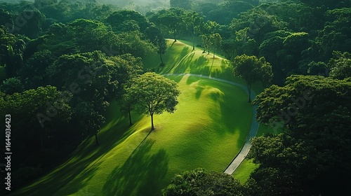 Serene Green Landscape: An Aerial View of Rolling Hills and Lush Greenery