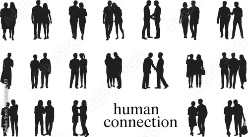 Human connection silhouette, couple standing, people talking, friendship vector, relationship communication, social interaction, black and white design, love partnership