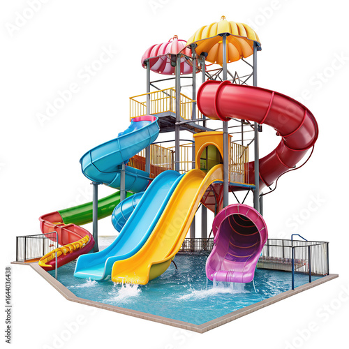 Colorful water park slide complex with exciting multi level slides in vibrant colors perfect fun