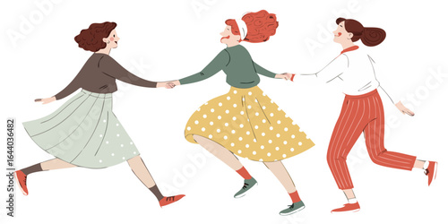 three women in vintage clothing holding hands running dancing illustration for female friendship sisterhood and celebration graphics