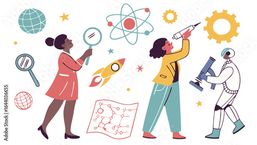 diverse scientists working with research equipment illustration showing STEM education and scientific discovery graphics
