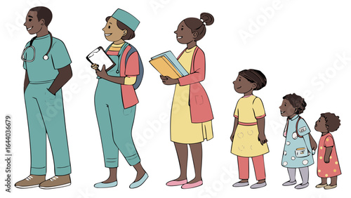 a diverse line of black individuals of varying ages and professions in a simple cartoon style isolated onwhite background.