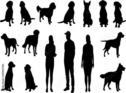 dogs and people silhouette on white background, isolated, vector
